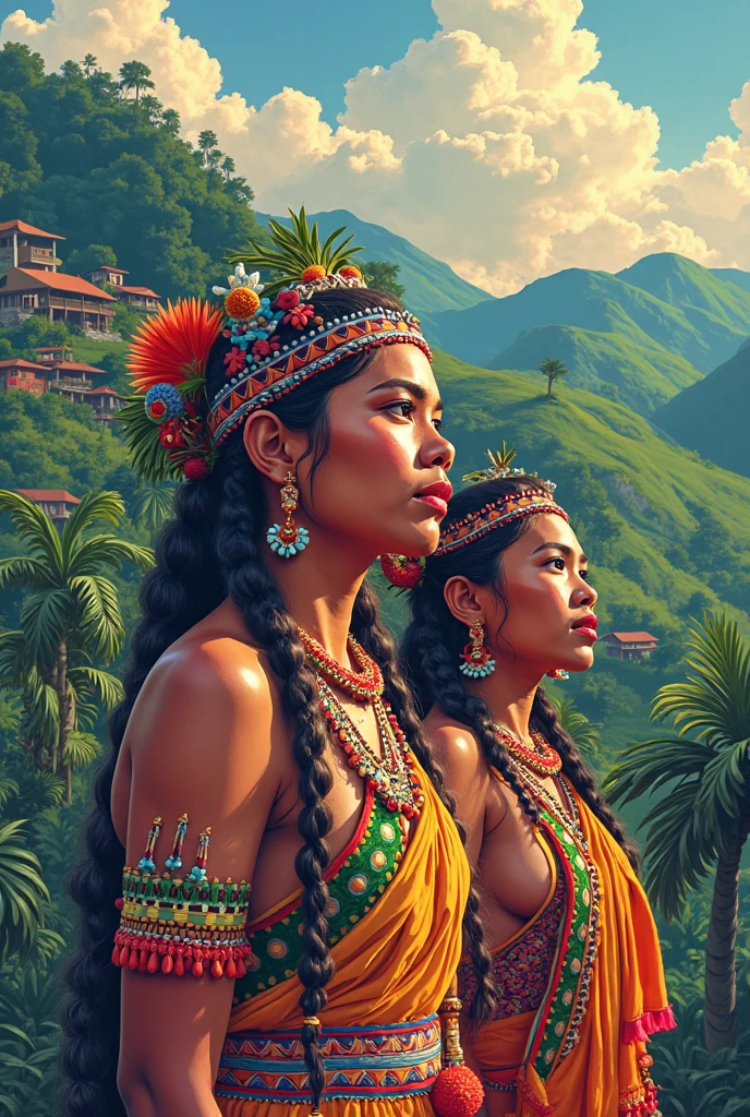 comic book art, digitalpainting. A beautiful indigenous girl in native with feathers and feathers on her head, Amazonian indigenous peoples in Brazil, beautiful young native brazilian female, paint your face, hot body, Yanomami Indian in typical costumes,high qualiy. Amazon rainforest and river bottom. bright coloured, cinematic lighting. detailded, intricate, detailded face.