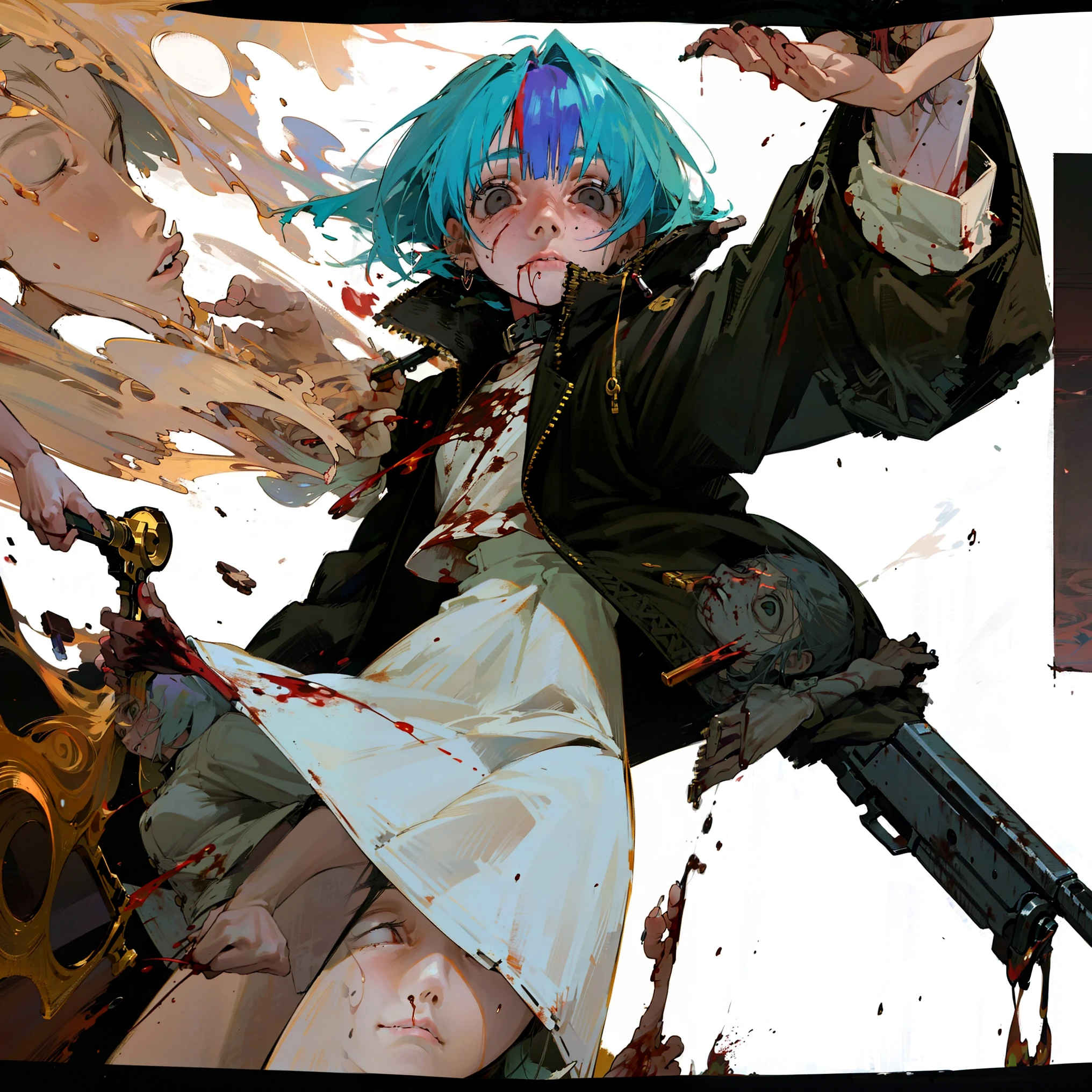 Sword language consciousness to repair to talk about loving someone Deepen the desire to trust, 1 girl, alone,magic colored hair, rainbow illusion hair, tinted eyes, gun, Black jacket,Burst blood