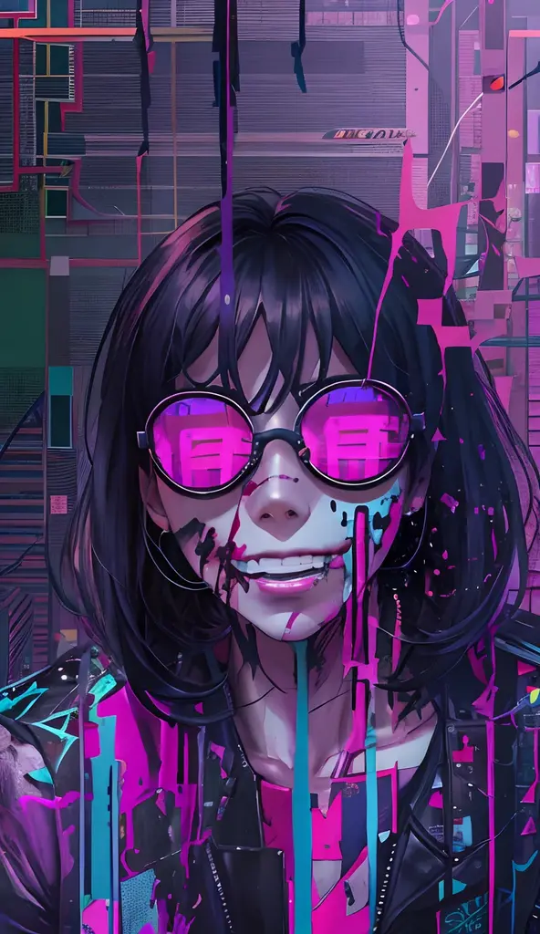 (masutepiece), Best Quality, Expressive eyes, face perfect,(gritty:0.9),(80's aesthetic:1.1),(neons:0.8),(Retro:0.9),(analogue:1.1),(独奏:0.8),(1 person:0.6),(Calavera:0.5),(Sunglasses:0.7),(shinigami:0.5),(Purple and pink color scheme:0.9),(glitched:1.1),(uproar:1.0),(Black and white:0.6),(Drooping Letters:0.8),(The aesthetics of vaporwave:1.2),(digital distortion:0.9),(macabre smile:0.7),(blood splash:0.8),(darkness:0.9),