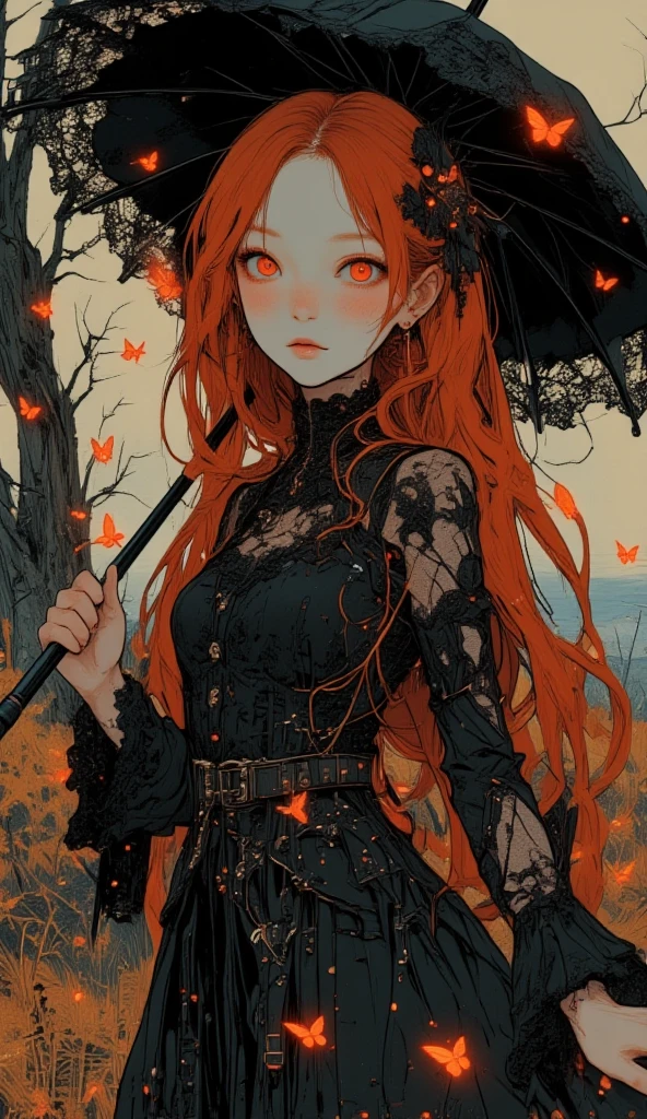 A woman, straight long scarlet hair, She dressed in a gothic dress with a black lace umbrella in her hand,  stare, whisper innocent eyes, butterflies from hell, butterflies made of fire, fire element, blazing butterflies made by flame fly around her, fire made butterflies, rain of fire background, delicate, gothic make up, dark vintage, dim light, low contrast, masterpiece, volumetric lighting.