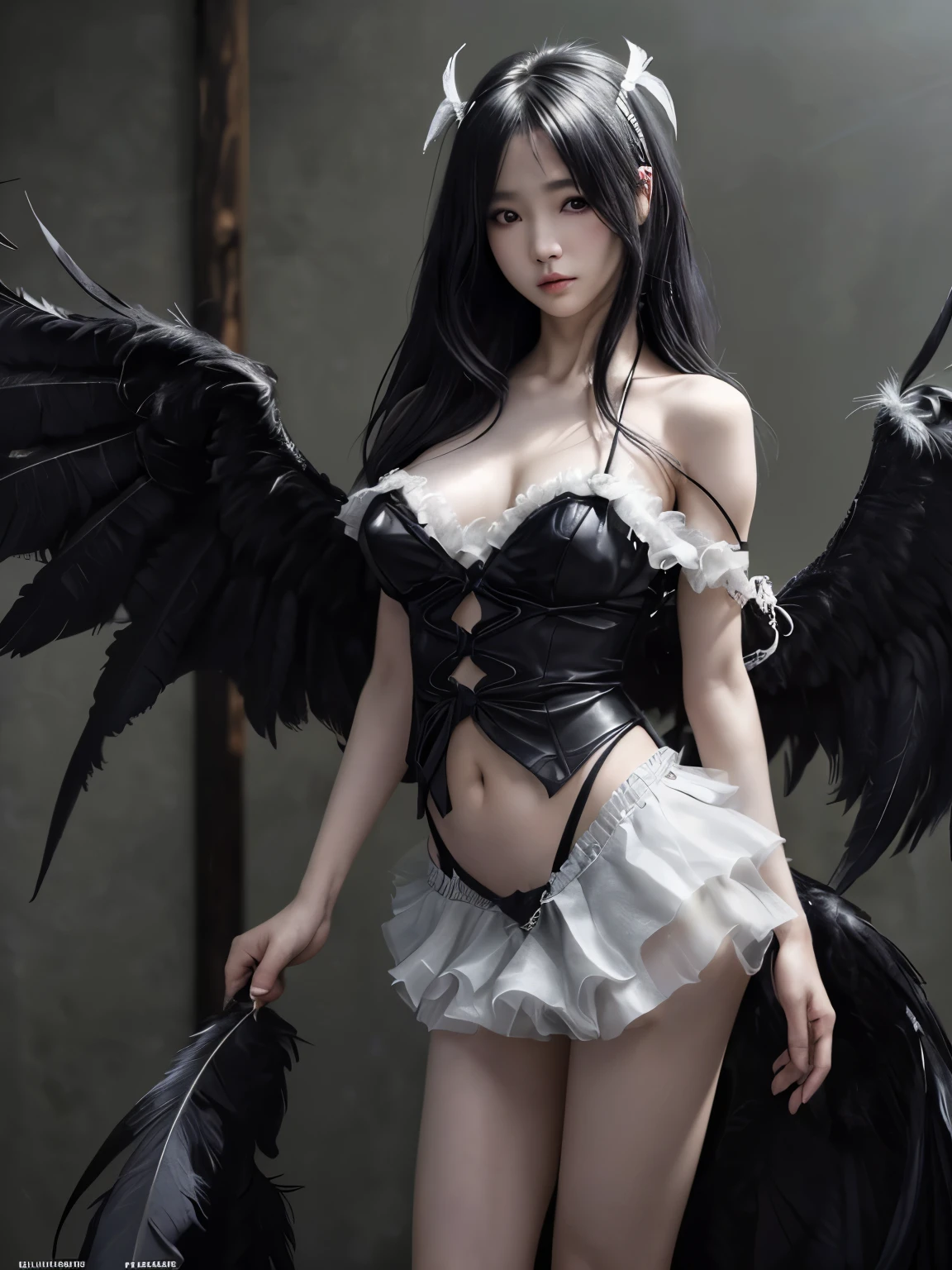 1girl, full body, (black theme), tube top, wide legs cullot, boots, (muscular:0.6), detailed face, looking at viewer, (wing embellishment, detailed feather), very long hair, middle-parted bangs, gigantic breasts,