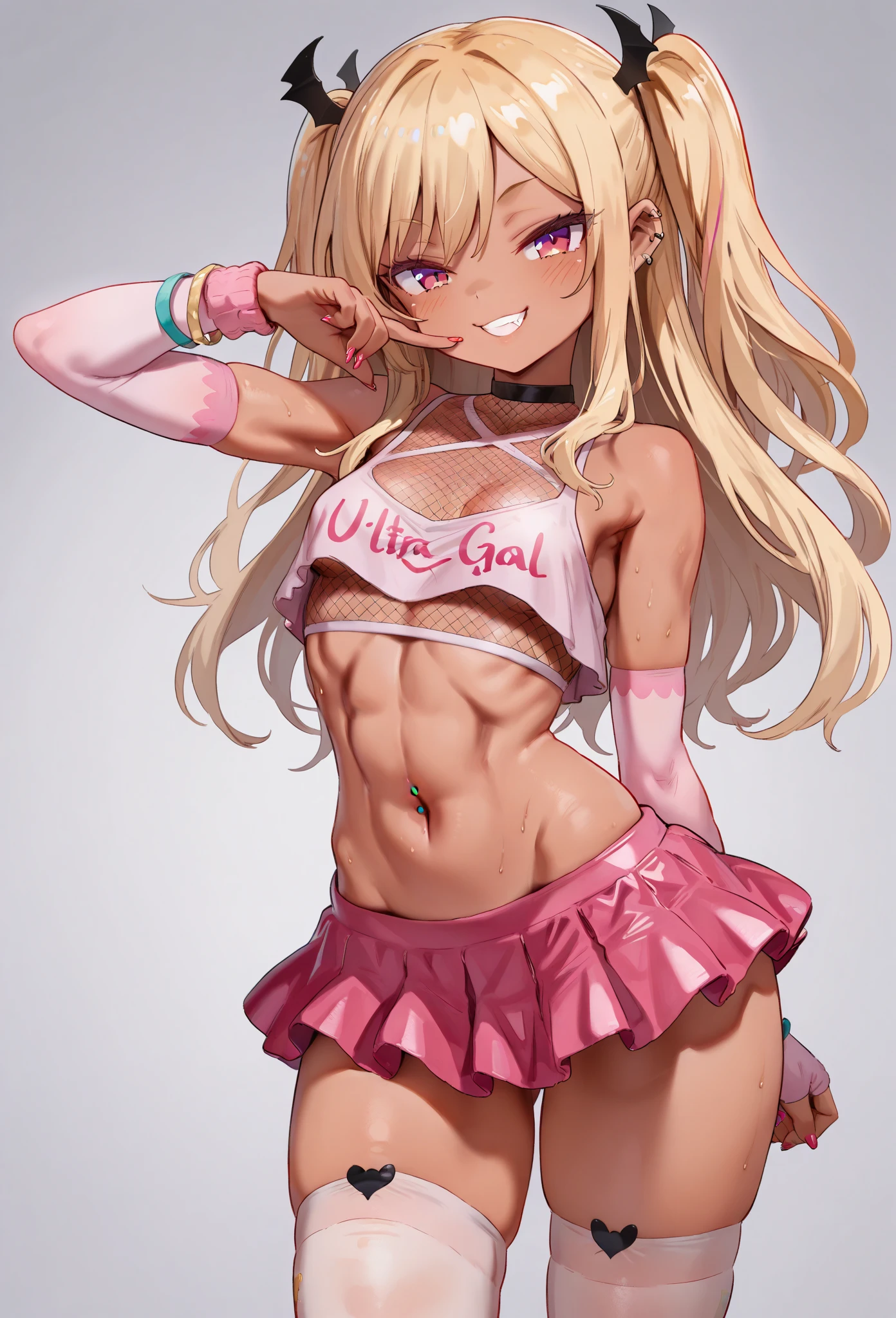 ((young girl ,short stature,gyaru)) ,big chest,((hime cut tied back,)), abs, nsfw,heavyset,looking at viewer,frilled one-piece-swimsuit,,evil smiling,cowboy shot