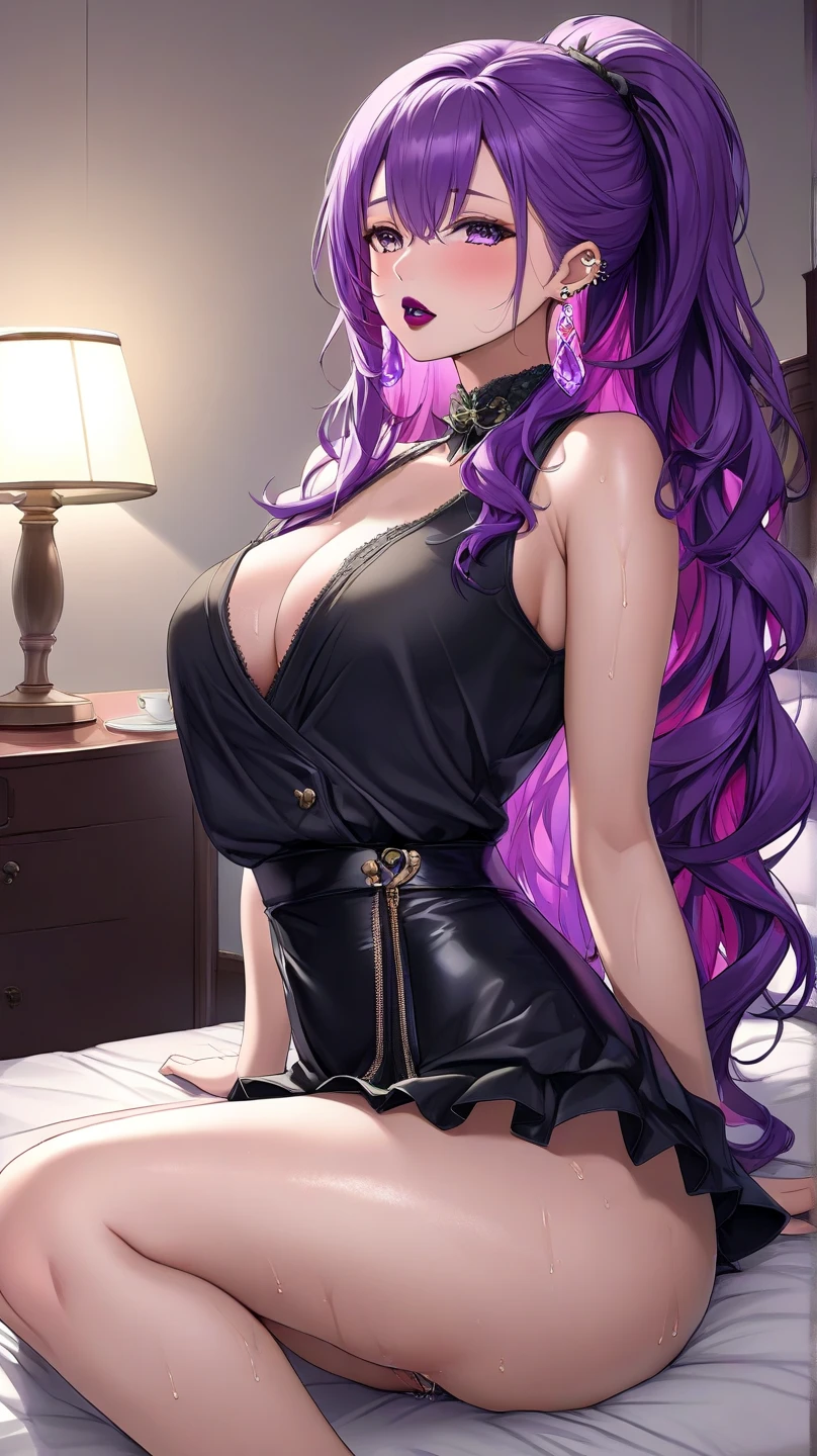 1 woman, mature, busty, beautiful, tall, attractive, MILF, ((Long pink purple ombre hair))((pink purple ombre hair)), ((violet eyes))((purple nails)), ((Woman wear black dress, black choker)), ((living room, sitting on sofa)), looking at viewer, angry, crossing legs, 8k, masterpiece, ray tracing