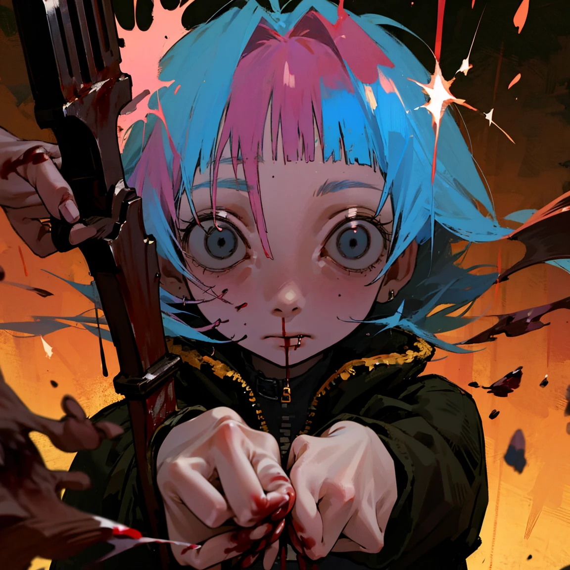 anime character with Blood dripping down his face and hands, gapmoe sick, gapmoe sick grimdark, sick, portrait gapmoe sick grimdark, danganronpa digital art, his eyes are, Bloody + concept art, Komaeda Nagito, guweiz, Kaneki Ken, [[Blood]]