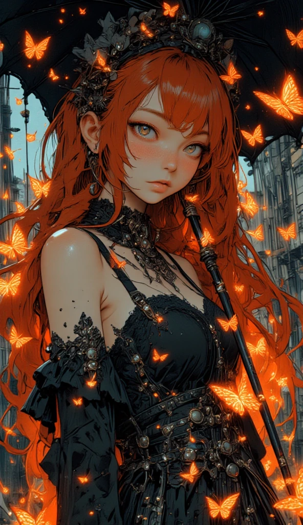 A woman, straight long scarlet hair, She dressed in a gothic dress with a black lace umbrella in her hand,  stare, whisper innocent eyes, butterflies from hell, butterflies made of fire, fire element, blazing butterflies made by flame fly around her, fire made butterflies, rain of fire background, delicate, gothic make up, dark vintage, dim light, low contrast, masterpiece, volumetric lighting.