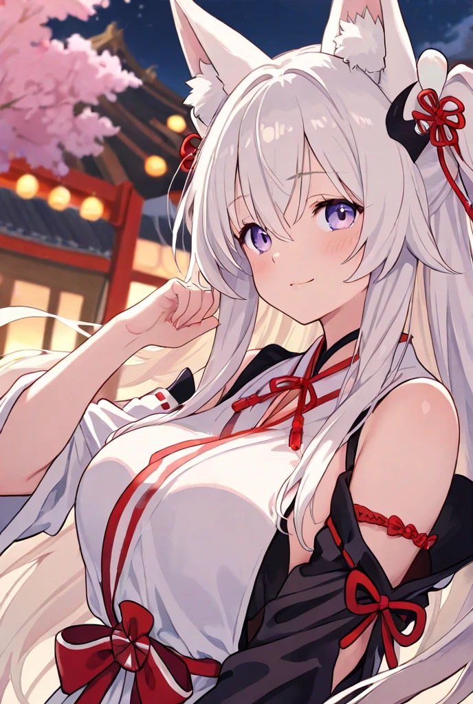 oni woman、oni horns、Gray long hair、Red eyes、A slight smil、Shoulder-baring Japanese clothing、attractive bodies、Flower kanzashi、glamorous pose、Sitting by the window、Cherry blossoms、