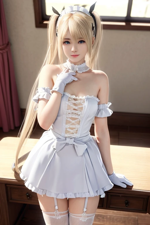 realisitic、a blond、blue eyess、light shining from behind、white boots、white metal gloves、frilld、Saint a girl