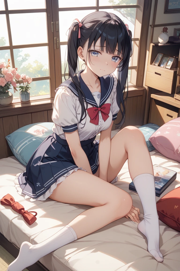 (extremely details CG、8K Wallpapers)、(extremely delicate and beautiful)、(​masterpiece)、(top-quality:1.0)、(超A high resolution:1.0)、beautiful  lighting、perfect lightning bolt、realistic shadow、[hight resolution]、Detailed skin、ultra-detailliert、detailed faces and eyes、Realistic eyes、Sharp pupils、Colossal tits、cowboy  shot, Inside the classroom、Schools、Evening glow、beauitful face、blurry backround、-yeld beiful girl、shinny skin、Side Up、Beautiful black hair、Blunt bangs、Red Eye、(Katyusha:1.2)、a sailor suit、Pleated miniskirt、Curve、Sitting on a desk、(Opening legs、You can see light panties.:1.2)、Gentle smile、