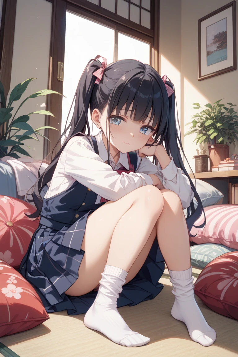 Sitting on a black sofa,looking ahead,from above,handjob,side view,face focus,open mouth,tongue out,cum on tongue,Licking a white dildo,(1girl,Beautiful 14 year old girl),((Slender,Small breasts,Baby Face,Small face,)),looking at viewer,Black Hair,bangs,two side up,Gray Eyes,Drooping eyes,slit pupils,narrow eyes,,Short sleeve shirt,Grey checked tie,Grey checked mini skirt,Navy blue socks,Beautiful and detailed anime art,Mischievous smile,Dimly lit room,Simple Background,Gray background,Low lighting
