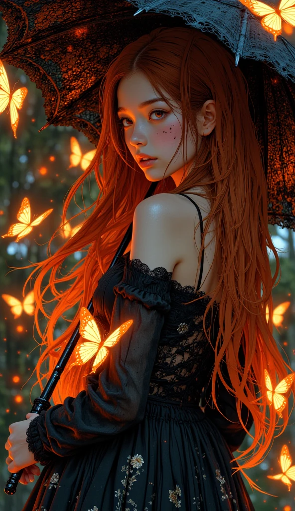 A woman, straight long scarlet hair, She dressed in a gothic dress with a black lace umbrella in her hand,  stare, whisper innocent eyes, butterflies from hell, butterflies made of fire, fire element, blazing butterflies made by flame fly around her, fire made butterflies, rain of fire background, delicate, gothic make up, dark vintage, dim light, low contrast, masterpiece, volumetric lighting.