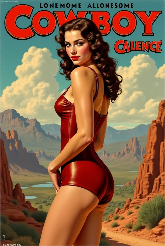 Soviet girl on propaganda poster. Showing cutting-edge 1990-s micro-bikini. Brown hair. Firm tits and ass. Turned showing her ass. Bending over. Standing over camera. Spreading legs, showing pussy, between legs. Seductive smirk. Camera between legs pointing up at pussy and underboob. Big tits.