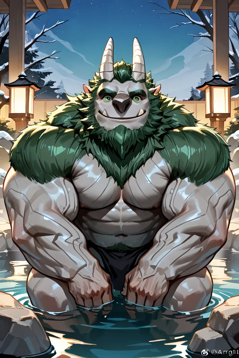 1. Male white-furred snow tiger, ,Green markings, Green eyes,Standing shyly in the hot spring, The lower body is only wearing a loincloth,Long tail,