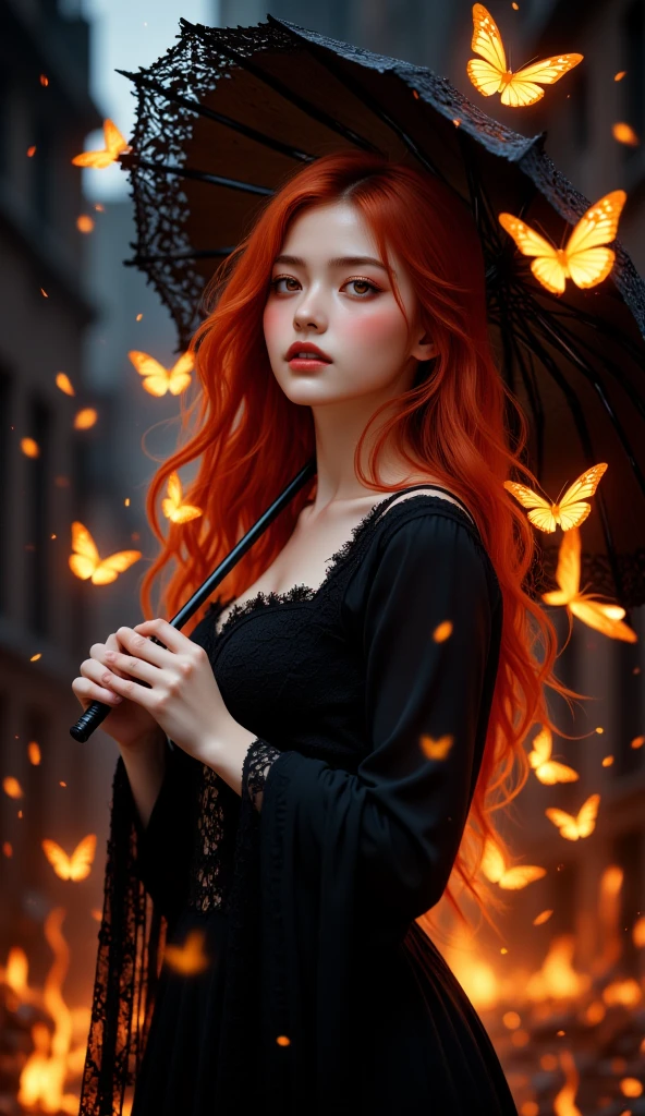 A woman, straight long scarlet hair, She dressed in a gothic dress with a black lace umbrella in her hand,  stare, whisper innocent eyes, butterflies from hell, butterflies made of fire, fire element, blazing butterflies made by flame fly around her, fire made butterflies, rain of fire background, delicate, gothic make up, dark vintage, dim light, low contrast, masterpiece, volumetric lighting.