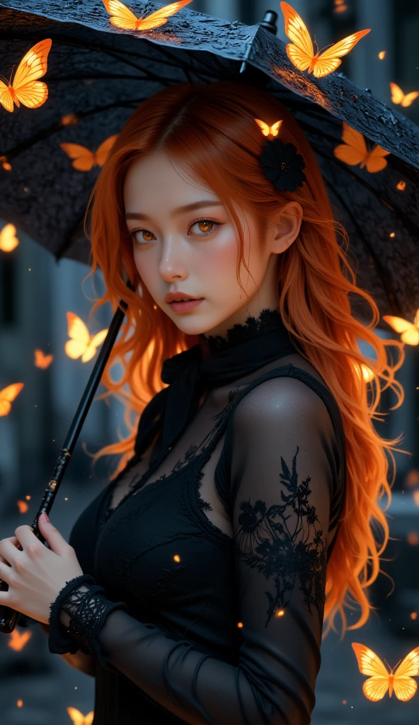 A woman, straight long scarlet hair, She dressed in a gothic dress with a black lace umbrella in her hand,  stare, whisper innocent eyes, butterflies from hell, butterflies made of fire, fire element, blazing butterflies made by flame fly around her, fire made butterflies, rain of fire background, delicate, gothic make up, dark vintage, dim light, low contrast, masterpiece, volumetric lighting.