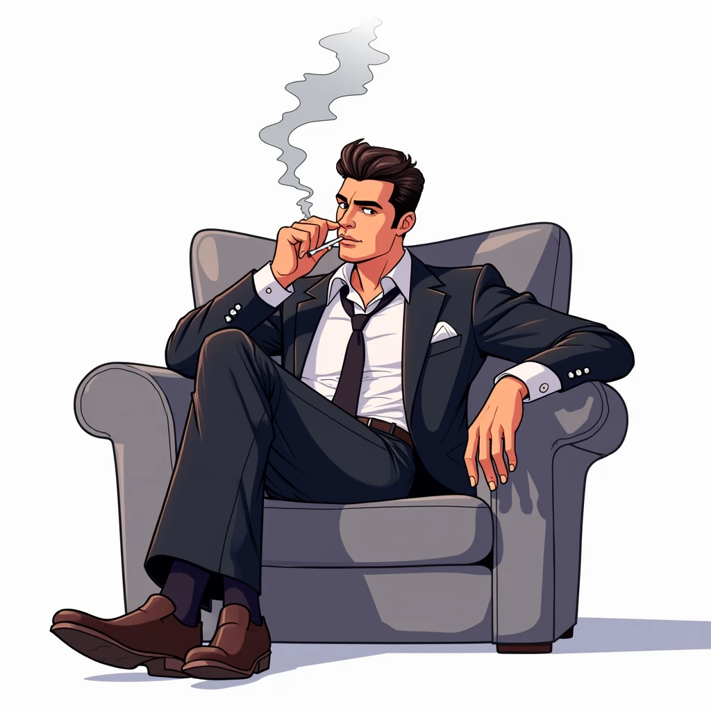 Animated man sitting on a chair smoking a pipe, Comics style, Comics illustration, Jeremy, Cartoon image, Comics, رسام الComics, alex, Comics, dressed as a manager , Comics!!!, Jeff, In cartoon style, رسام الComics, Wearing a suit, one leg over the other, 2D drawing, white background, single, High accuracy, 