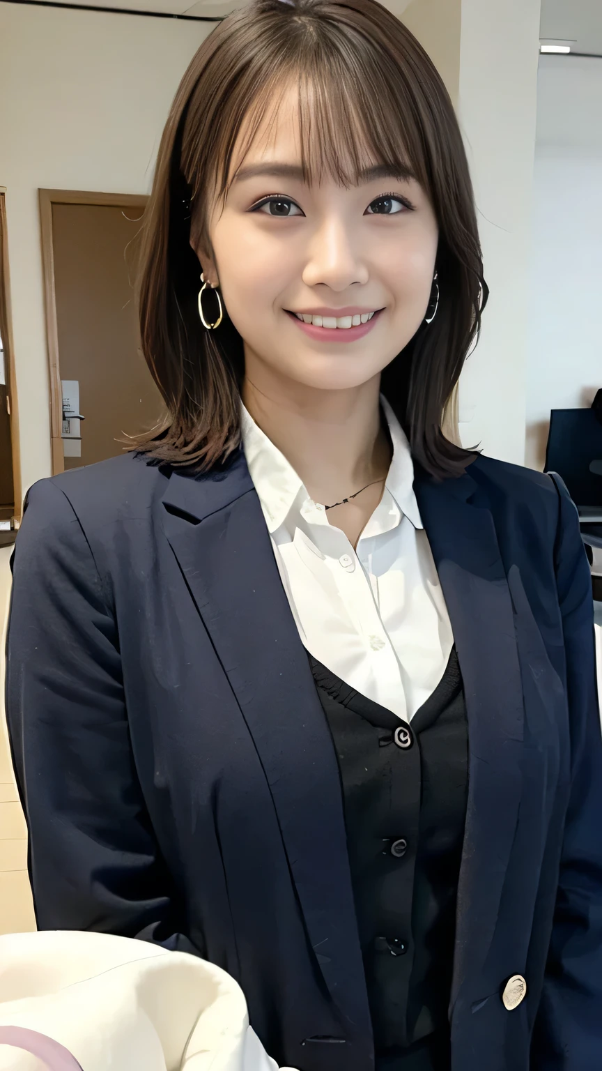 (8k、 original photos 、 Top Quality、masterpiece:1.2)、 high resolution RAW color photo、 For professional photography 、( realistic、photoRealstic:1.37)、 cinematic lighting to stand upright 、 one girl 、smile、OL、 Overflowing Chest 、[ Big Breasts、 Big Breasts : office、Professional photoshoot wearing chest 、Sexy Office Lady、 women's suit 、Tight jacket、 earrings、 tight skirts 、breast expansion、 seductive face 、 ponytail