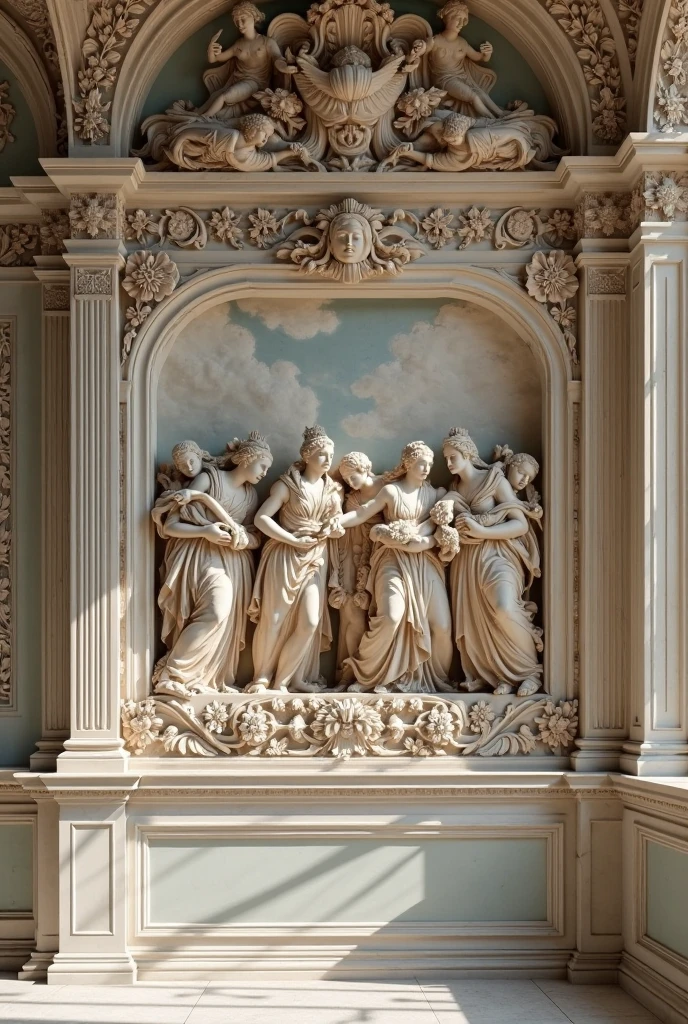 3d modeling, 3d rendering, render, 3d software, in the style of baroque ornate and dramatic compositions, light white and silver, burne-jones, detailed skies, metallic finishes, sculptural figures, narrative paneling