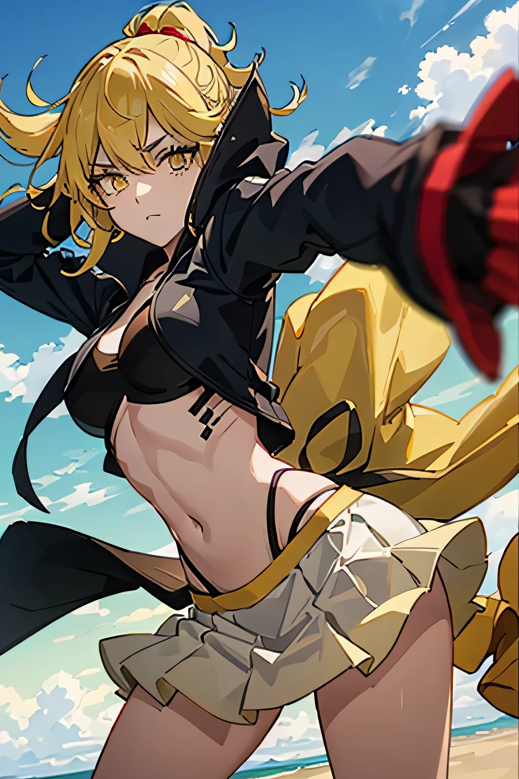 18 year old woman, petite body, yellow hair with red bleaching, right eyeball red, left eyeball blue, wearing women's yellow battle clothes, wearing a white skirt, cute, strong, facing forward, hd, half body, a fighter, a Anti-Hero, is in battle 