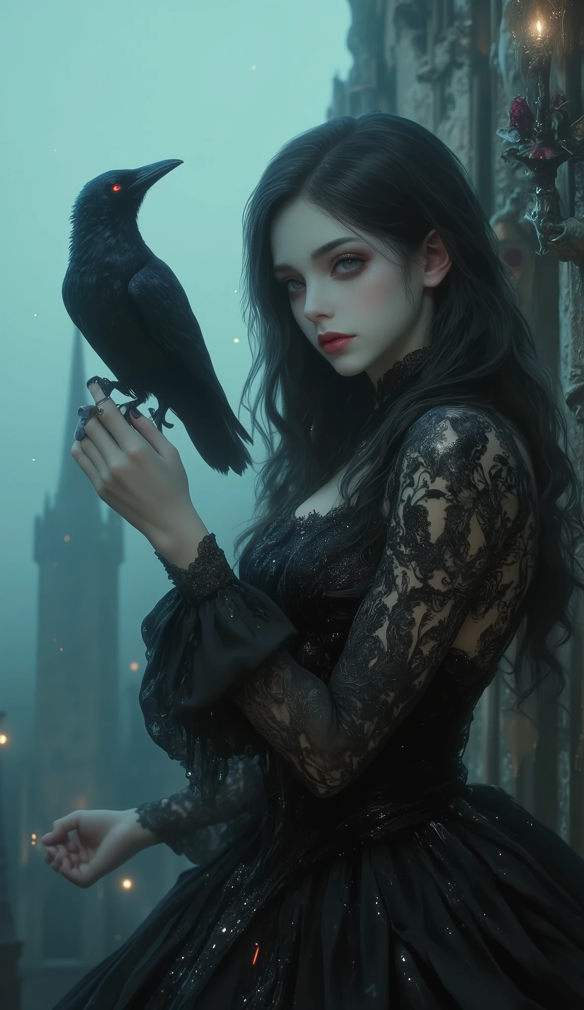 A pale-skinned maiden stands on the edge of a grand, decaying balcony, her long, raven-black hair flowing like silk in the cold night air. The full moon casts an eerie glow on her Victorian-style gown—deep black velvet with intricate lace, embroidered with silver threads that shimmer like captured stardust. Her piercing eyes hold untold sorrow, as if she has walked through centuries, carrying forgotten secrets.
Behind her, an abandoned gothic castle looms, its towering spires lost in the thick, swirling mist. Black roses bloom along the cracked stone walls, their petals dripping with morning dew like frozen tears. Shadows move unnaturally in the dim candlelight, whispering secrets only she can hear. A single raven perches on her outstretched hand, its crimson eyes glowing faintly—a messenger of fate.
She is not merely a woman; she is an enigma—a ghost of time, a tragic beauty lost between the worlds of the living and the dead