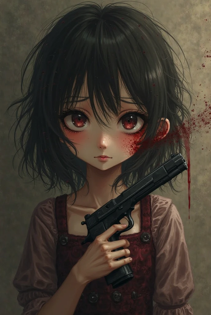 Make a 16 year old girl tied hand and foot with threads, and those threads are connected to the trigger of a shotgun. I want the drawing style to be like that of 80s animes. The girl has to be tied to a wall, on tiptoe, that the feet do not reach the ground. I want the threads to be visible, and the girl is depressed. Also that the girl is covered in blood, that he has blood on his clothes and flames of fire around him and that the shotgun is pointed at his head