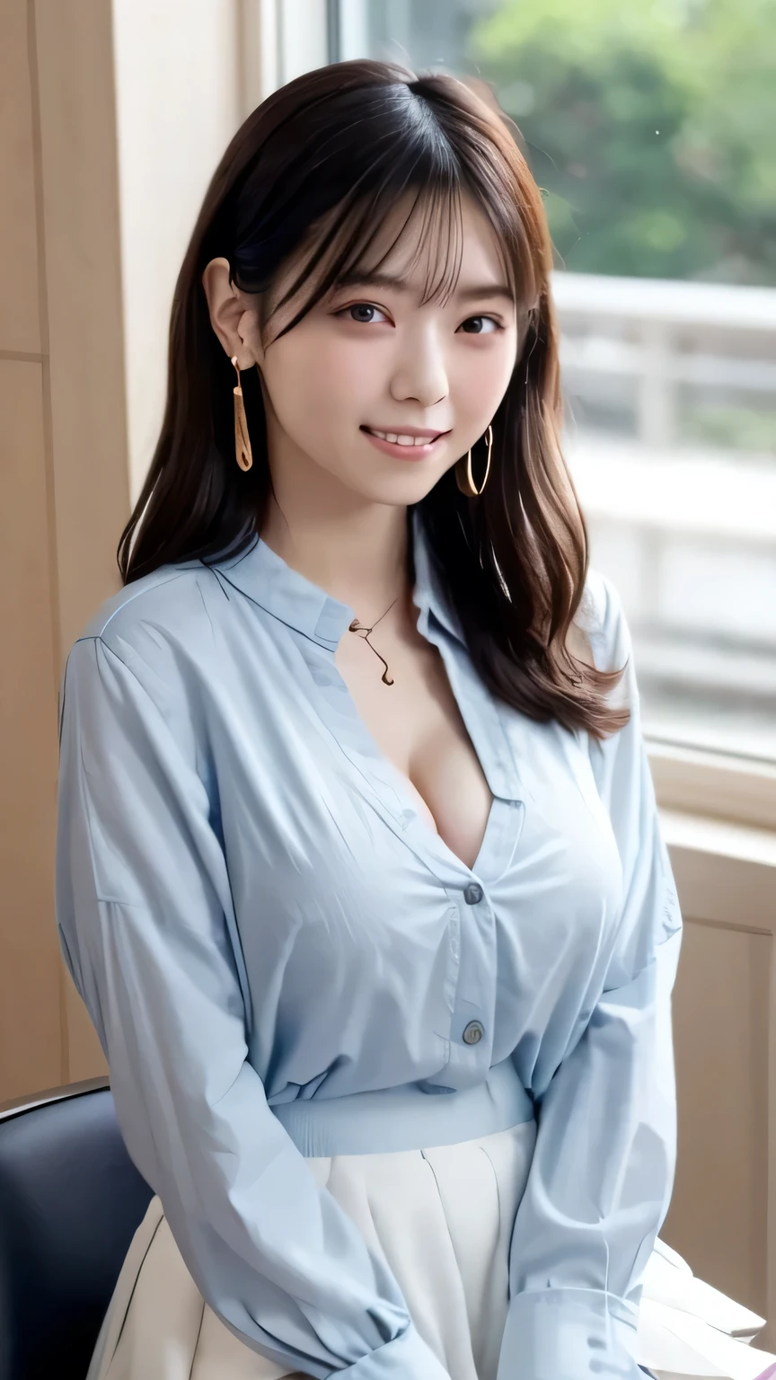 table top, highest quality, shape, Super detailed, finely, High resolution, 8k wallpaper, 完璧なダイナミックな構shape, finelyて美しい目, natural lip, Loose white blouse,Dark blue tulle skirt、 big breasts, cleavage, full body, random sexy pose、A smile that makes people happy