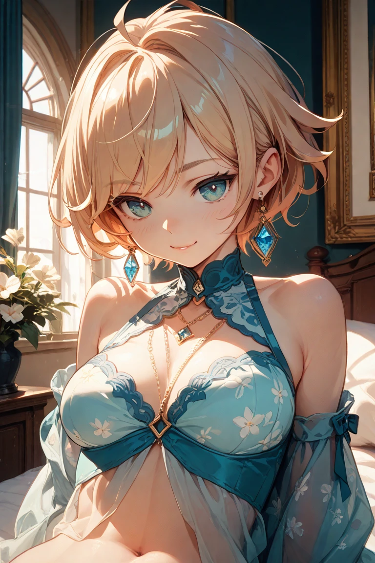 Absurd, Ultra-detailed,Bright colors, Very beautiful and detailed anime faces and eyes, View from the front, ;is, Shiny_skin,Age 25, (Lace sleeveless lift:1.6),(Fashionable bras:1.5) ,short hair,(Palace Bedroom) , Asymmetrical bangs, Blonde hair in short pigtails, Shiny Hair, iselicate beautiful face, blush、(iseep Blue Eyes:1.3), White skin, Barrette, Earrings, necklace, Brown clothes, Beautiful Clouds, isusk sky,