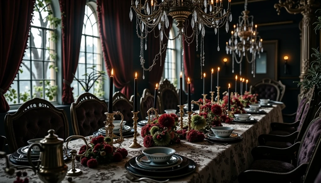 Large dining room that looks old with a dark Tim Burton aesthetic, little lighting and dark colored food. the gloomy aesthetic and well-decorated gloomy
