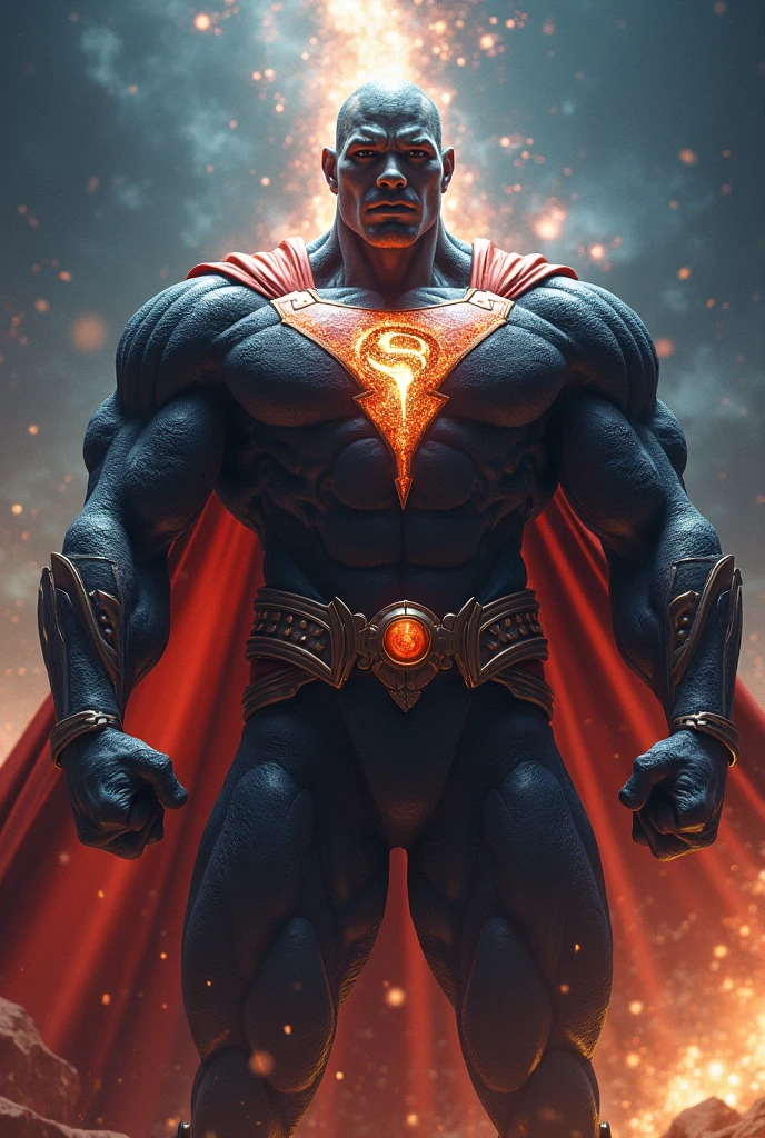 towering, god-like muscular figure with dark, starry skin, glowing with cosmic energy. The figure is clean-shaven, with sharp, symmetrical facial features, wearing round glasses and shining earrings. It wears a tight-fitting suit that blends black and red colors, with white thigh-high football socks. A majestic, galaxy-infused cape flows behind it. The eyes alternate between red and black, radiating immense power. The aura around the figure fluctuates with fire and darkness, symbolizing its transcendent, dimension-hopping abilities.