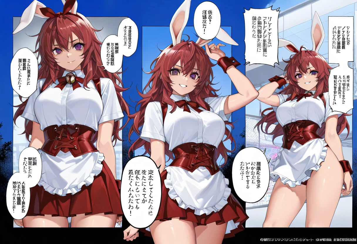 A woman wearing a maid costume and a female anime character wearing a maid costume, wlop and sakimichan, Ecchi anime style, Twin-tailed, nixeu and sakimichan, thighs thighs thighs thighs!!!, round thighs thighs thighs thighs, zerochan, cushart krenz, Happy!!!, at pixiv, oppai, small curvy loli, red and white