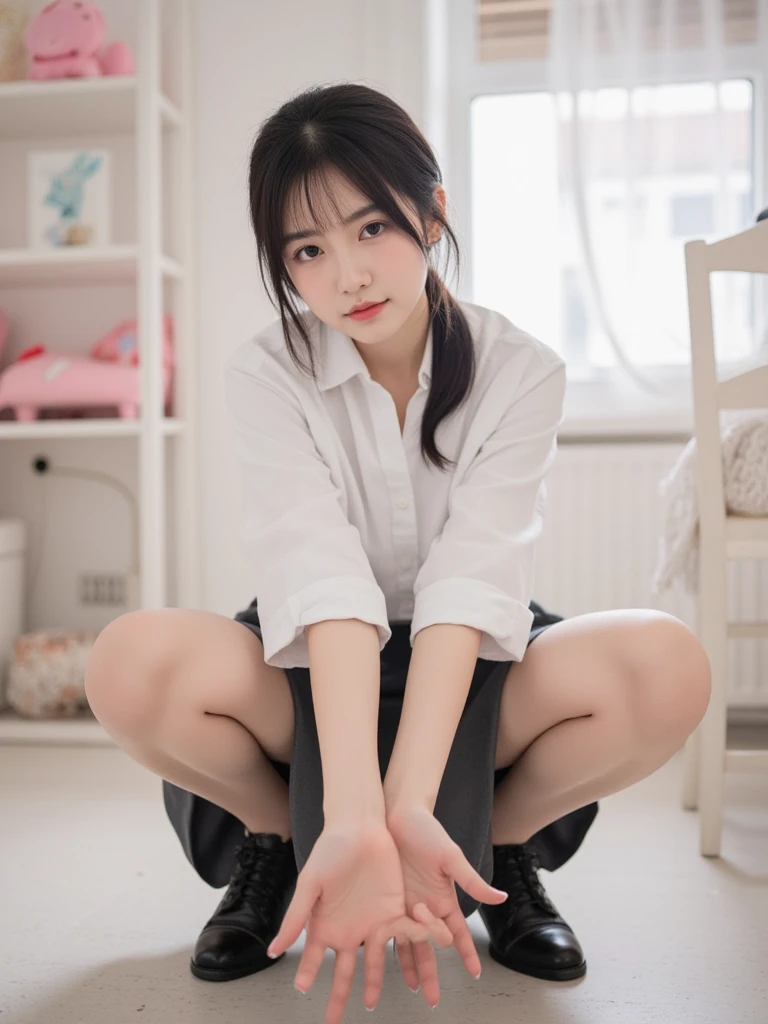 (8k、Raw photograph、highest quality、masterpiece:1.2),Viewed from the front,Erotic female genitalia,Ultra-high resolution,Beautiful nipples,Beautiful face, (Full Body:1.2), Chubby Japanese Woman, (Realistic:1.37)、Photon Mapping,(((Stretch your arms back)))、(Baby-faced and cute: 1.4)、 (Cute Smile: 1.7)、 (With a round face: 1.7)、 photograph, (The whole body is visible, even down to the toes.:1.5)、Super quality, (Spread your legs wide and show your genitals:1.5), (Sitting on the floor in a position that exposes the female genitalia:1.5),Shoelace, With the highest quality,Ultra-high resolutionな,生photograph, (Sit with both knees raised:1.5), ((White running shoesを履いている:1.2)), ((Wearing black socks)),(Small bust and light brown nipples), (Chubby belly), (black toe), White running shoes、A little bangs, ((Place your hands behind your body.:1.5))、(black toe), White running shoes、Shoelace, With the highest quality, Ultra-high resolutionな