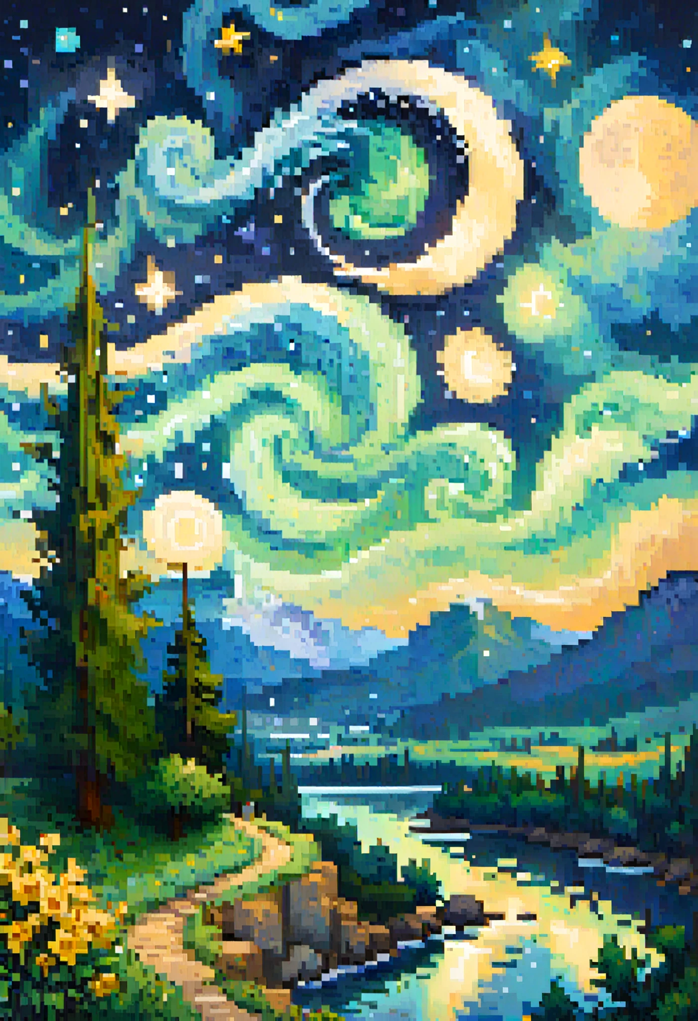 Van Gogh's starry night pixel art