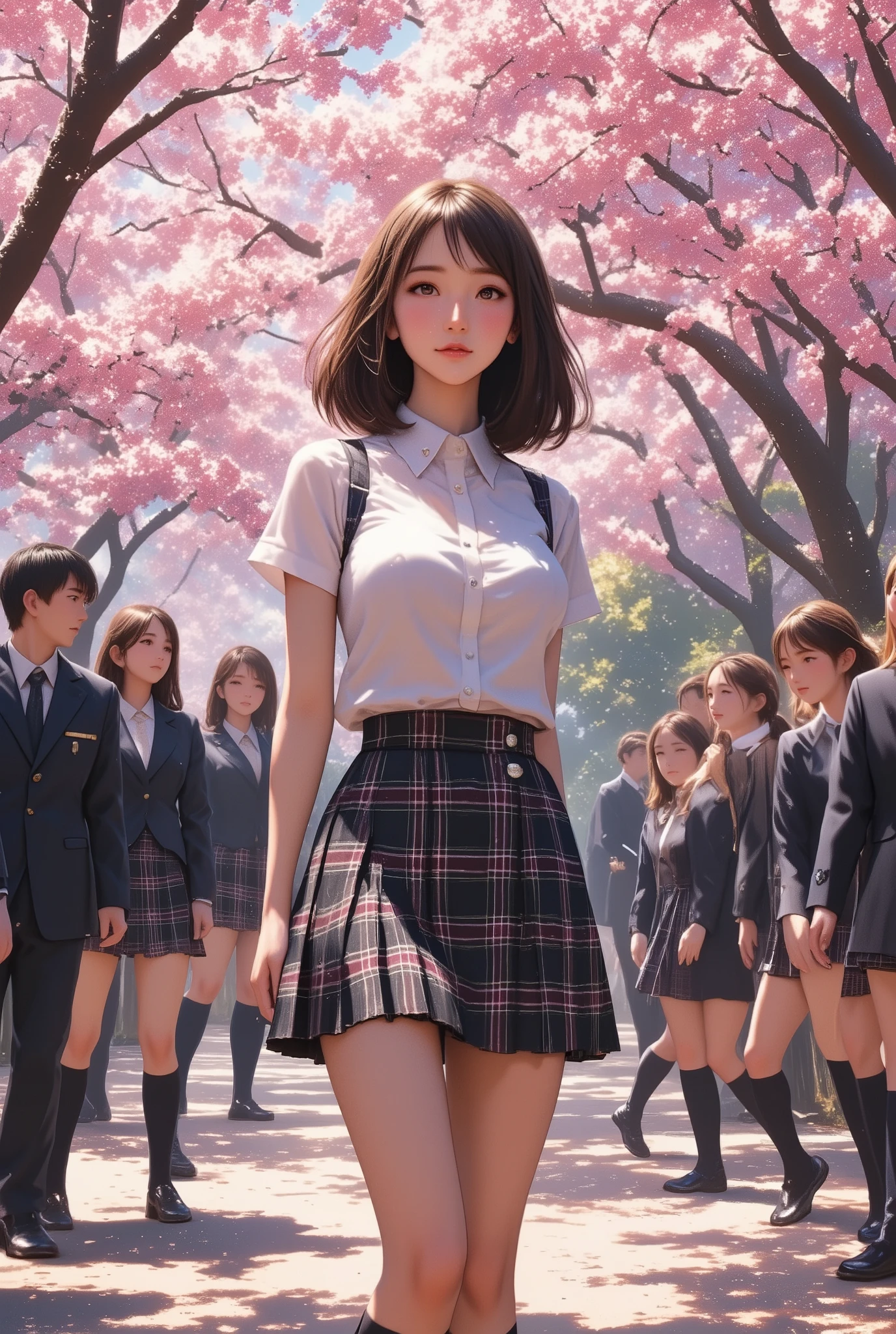 (Top Quality、masterpiece、winning work、16k), 、A cute busty girl、school uniforms、blazers、white shirt、in a tartan check skirt、knee-high socks、 leather loafers、((big breasts:1.2), (Big Breasts:1.2), (raised and crisp bust:1.2), (lifts the chest:1.2), (Perky breasts :1.2), (Deep cleavage :1.4), ( double breasted,Underbust:1.2), button gap wit, walks under a row of cherry blossom trees、Graduation Ceremony、Celebration 、Sakura Fubuki