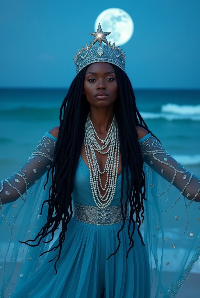 A stunning black African woman, inspired by Yemanja of Umbanda, radiating majesty and serenity. She wears a flowing and sophisticated outfit in shades of light blue, adorned with pearls and sparkling details that reflect the light like the waves of the sea with her arms outstretched. Her long black dreadlocked hair is loose and slightly wavy, dancing with the ocean breeze. On her head, a stately blue crown decorated with a sparkling star on top, symbolizing her divine connection with the waters. Delicate beads fall gently down her face, creating a sacred and mystical veil. The backdrop is an endless ocean, with crystal clear waters surrounding her and a celestial night sky with a full moon in the background. Her expression is serene and powerful, conveying protection and mystery. The photograph is captured in the style of an editorial fashion shoot for Vogue, with ethereal lighting and a sophisticated artistic touch that highlights the fusion of spirituality, luxury fashion and African royalty.