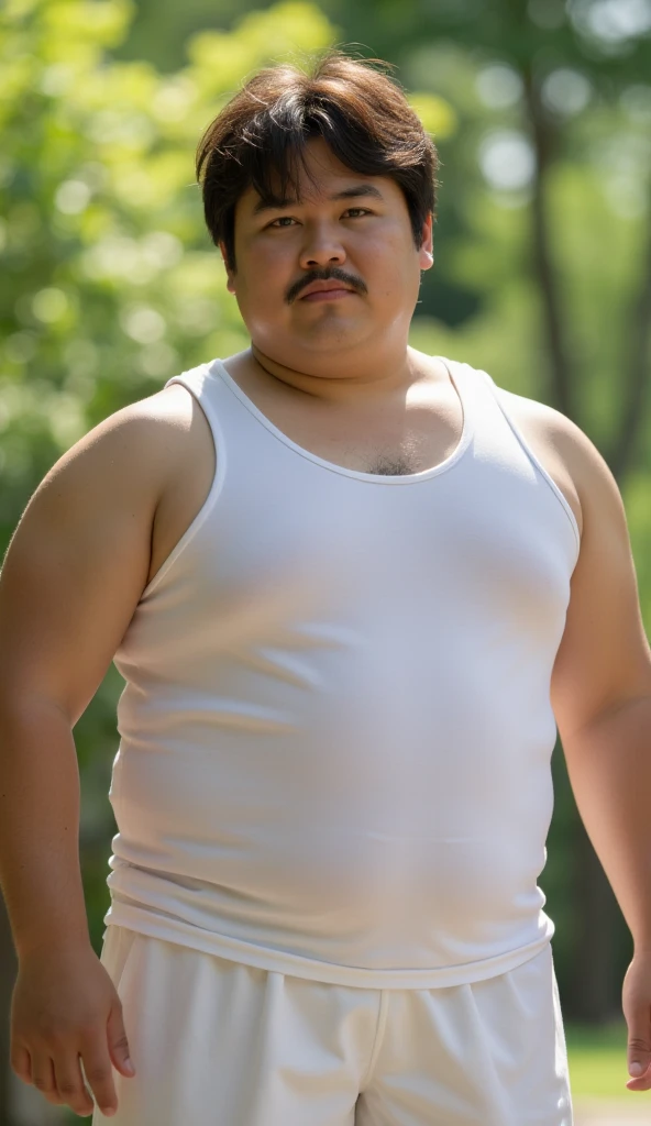 A cute fat man, with charming big eyes, short hair, big round face, round face, short double chin, beard, very hairy chest, black round-rimmed glasses, very developed chest, fat belly, bare upper body, standing on Rainbow Island, black shorts, bare feet, super clear picture quality, China oriental male, full body photo.