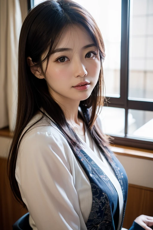 Beautiful 35-year-old woman、Japanese woman、President's Secretary、black hair、、The style is outstanding、167㎝、 has appeal、wears a black suit、and wears a white blouse as the inner、Tight Skirt、tight waist、big 、 up、takes a selfie in the secretary's office、4K、8k、High Quality、live-action、real、