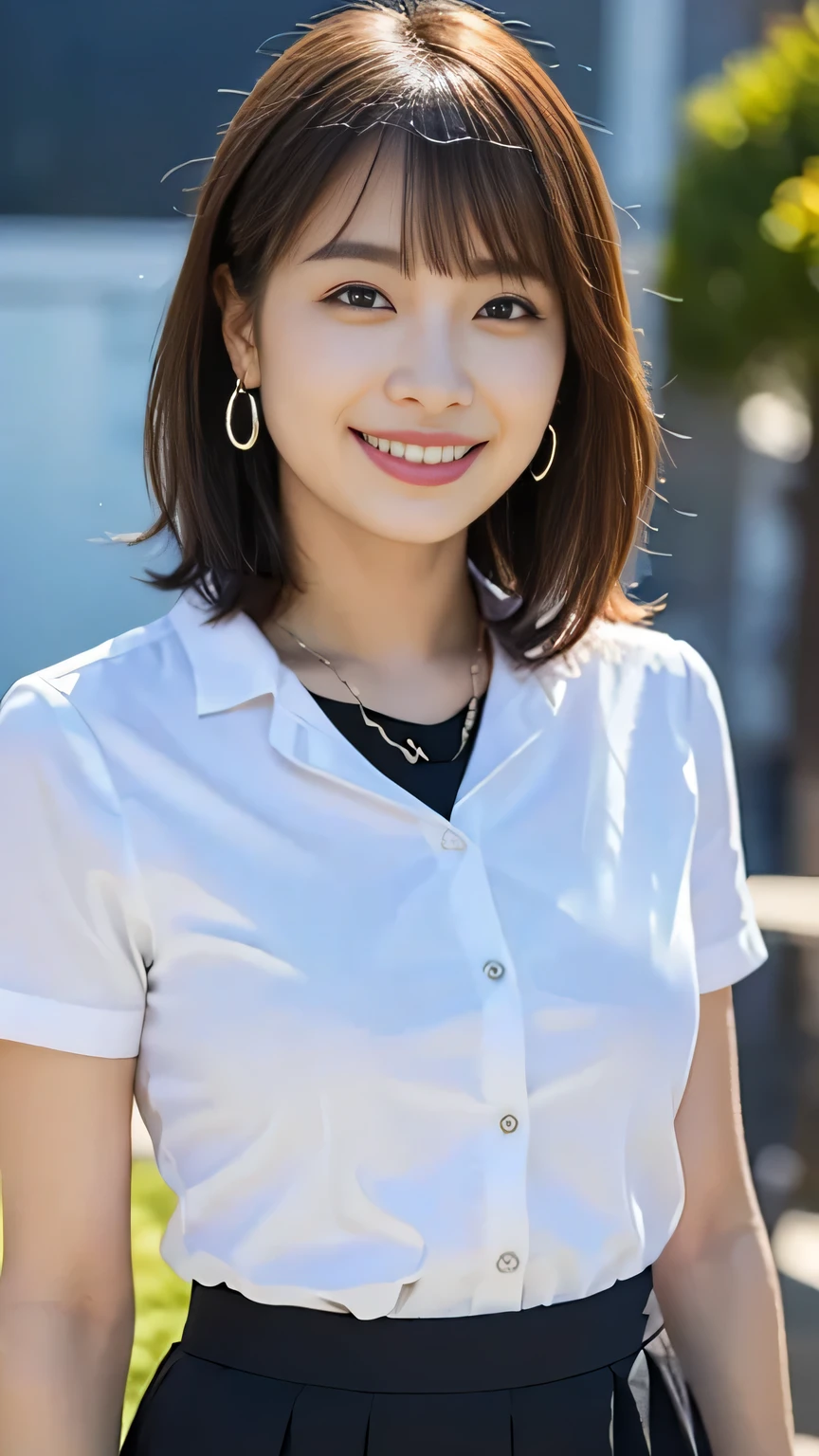 ((white shirt)),((black tight skirt)),((Best Quality)), realistic, very well detailed, details, ((high resolution)), 8k,((smile)),(( Standing Position )),beautiful, Well-formed eyes,(Korean women),beautiful Skin,detailsな顔,(Attractive),(short hair), Hair, 20th generation,Attractive system,bust size: 87 cm,Beautiful stenosis ,((office))、necklace、earrings
