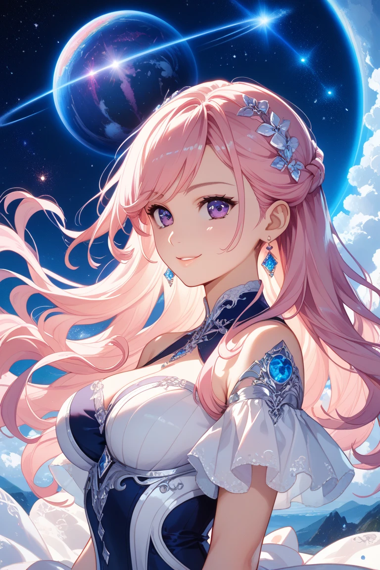 Ample breasts,pretty girl、Pink Hair、Blue Eyes、Blue leotard、Star pattern、Bright atmosphere、smile、High leg、Spreading her legs