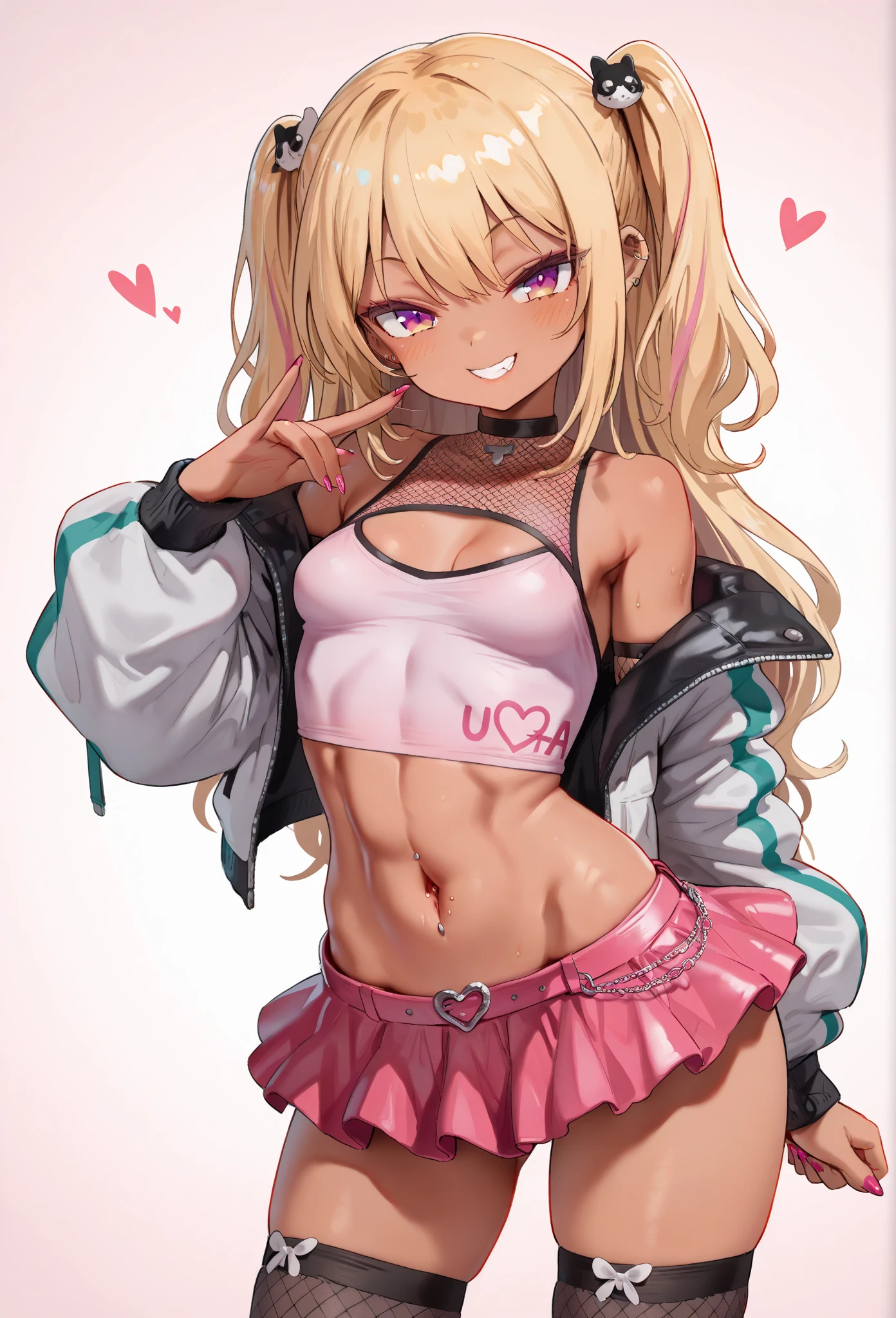 1girl,,tanned body,twintail,,,looking viewer,,,(((Gyaru))),glossy lips.(spoken heart),smirk,open mouth,outdoor,open jacket,crop top,navel,miniskirt,thighhighs,boots