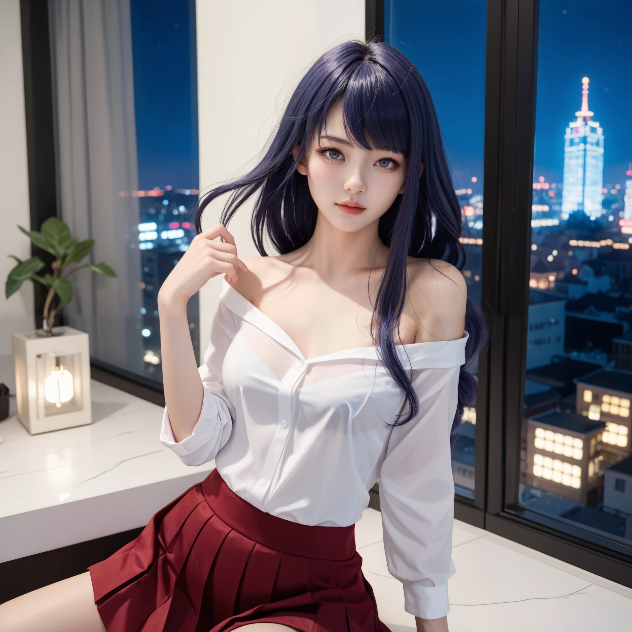 Photorealistic, Raiden_Shogun_genshin, artwork,Adult, Chinese girl, highroom, glassroom, messy hair,deep blue long hair, White Fair Skin, Bare Beauty Legs, Goddess-like posture,Slim and soft, large , bare navel, off shoulder, shirt, pleated skirt, school uniform, burgundy clothes, see-through, The details are intricate and exquisite, sexy girl is sitting on higher glass-room, Neon Light, Big City at Night Background out Window