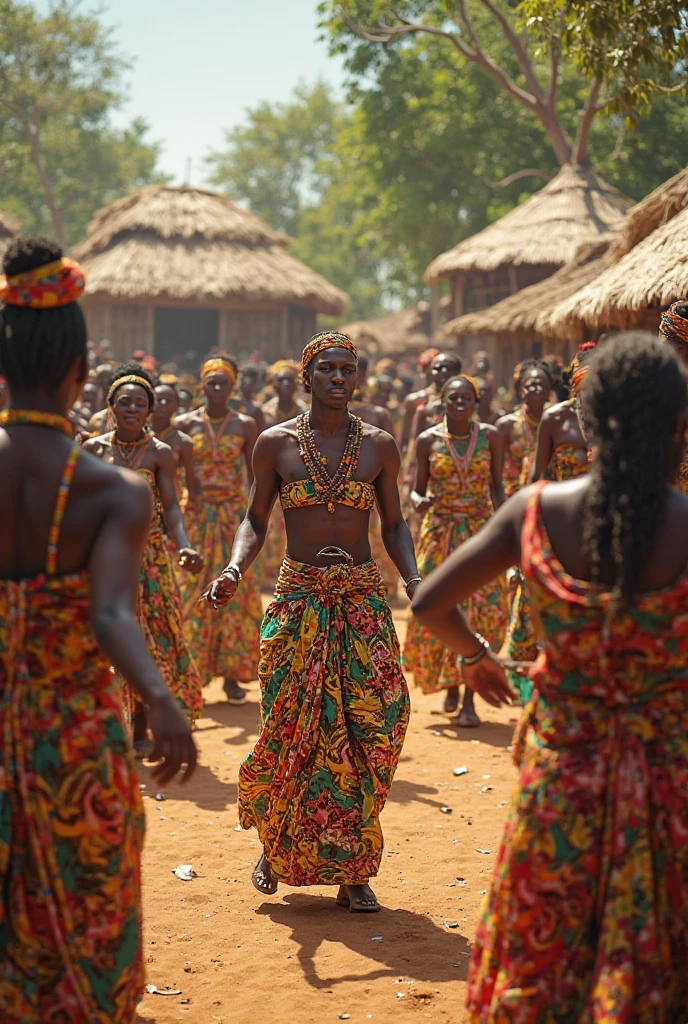 Generate an image of igbo villagers gathered at the village square and a woman speaking from the crowd