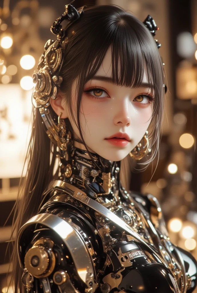 beste-Quality、A masterpice、ultra-high-resolution、(pphotorealistic:1.4)、Raw photo、女の子1人、Black hair、glowy skin、1 Mechanical Girl、((hyper-realistic details))、portlate、Global Illumination、Shadow、Rendu octane、8K、ultrasharp、large tits、Raw skin is exposed in cleavage、metals、Details of complex ornaments、Steampunk details、Analog Meter、cog、gear、Golden hydraulic cylinder、hyper intricate details、Realistic light、CGSoation Trends、purple colored eyes、eyes glowing、Facing the camera、neon details、Mechanical limbs、blood vessels connected to tubes、Mechanical vertebrae attached to the back、mechanical cervical attaching to neck、sitting on、Wires and cables connecting to the head、Gundam、Small LED lamp、The background is a steampunk city、