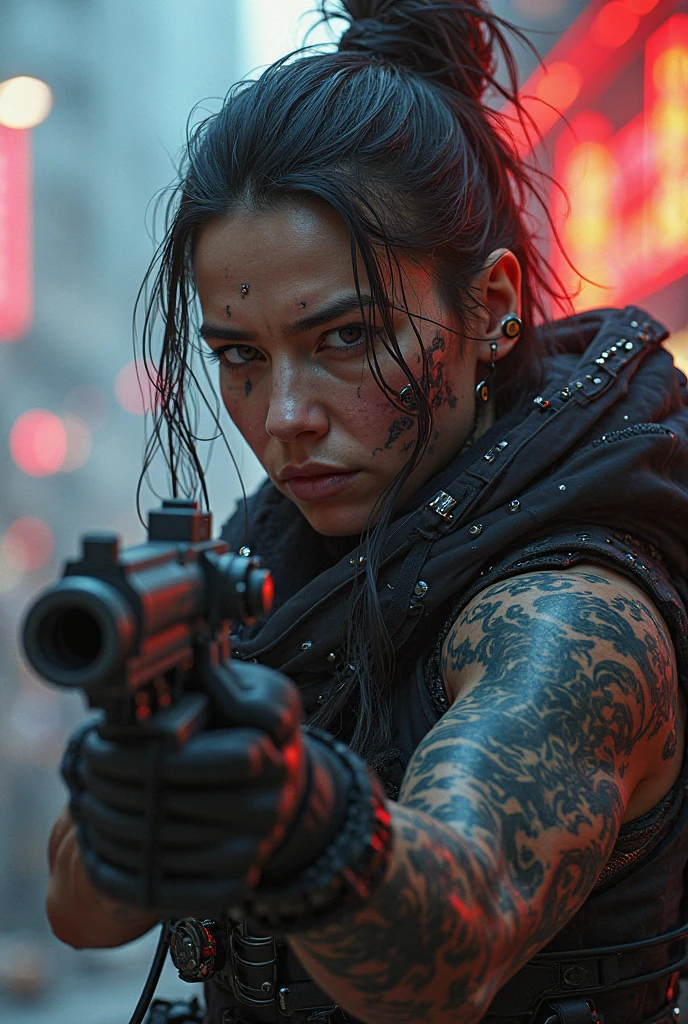 The badass cyberpunk warrior, mature woman, strong body, (blue eyes), black hair,, battle scar's, tattoos,(massive perfect snoopy breast:1.0), massive perfect breast,,(muscular body:0.5), undercut hairstyles,,shot hair, (naked breast), (realistic skin texture:1.2),4k, (cinematic photography:1.0),,(head and breast closeup)