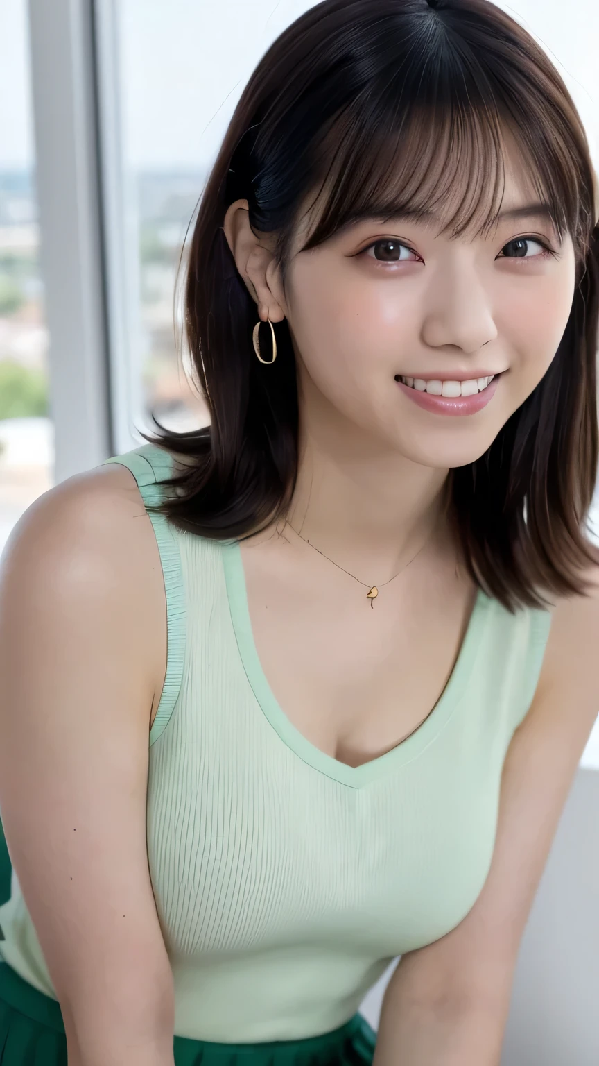blonde、earrings、necklace、ring、piercing in belly button、hair ornaments、(Quite small)、(pretty toned body)、((artist talent Kyary Pamyu Pamyu、That person has the face of an artist and a talent..))、masterpiece, best quality, photo, japanese 17 years old high school girl, micro mini pleated skirt, shirt unbuttoned and open, nipples visible, not wearing bra, not wearing panties, lying on bed, viewer can see female genitalia and nipples, front, provocative smile on viewer's face, Full body figure, baby face, Bold Pose, Wavy Hair, Big breasts, (Perfect Hair:1.2), Crotch open, hands behind back