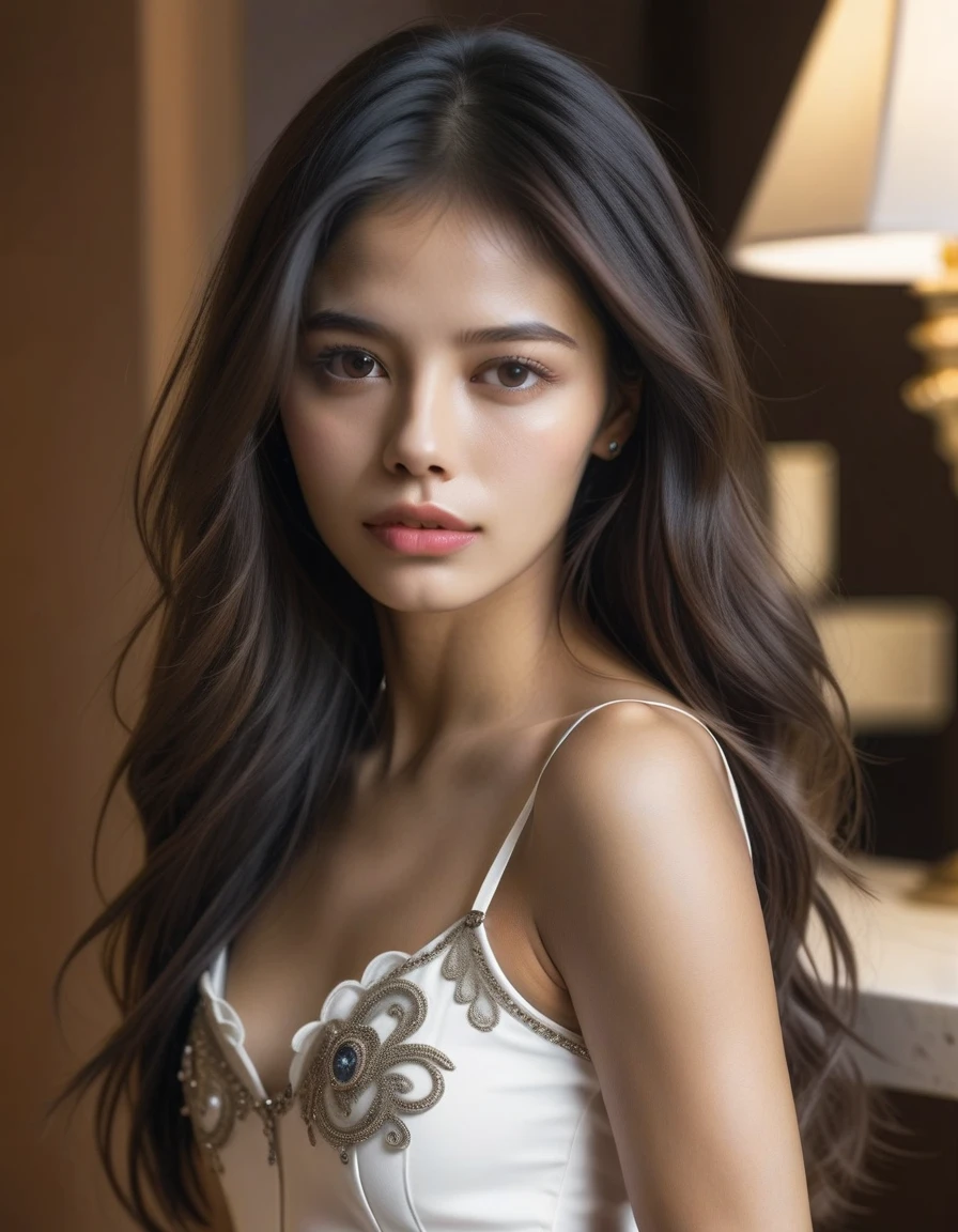Absurd, ultra-detailed, high quality, masterpiece, detailed face, beautiful eyes(detailed eyes), Greek mythology, Goddess, Hera , the queen of the gods, striking and captivating, features are classically beautiful, with high cheekbones, a perfectly proportioned face, eyes depicted as large and captivating, hold an intense gaze, dark brown hair , hair is luxuriant and flowing, cascading down her back in waves , (small breasts:1.2), wearing elegant robes adorned with intricate patterns , Her beauty is not merely superficial but embodies the essence of power, authority, and regality.