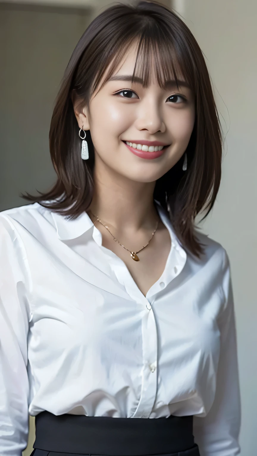 ((white shirt)),((black tight skirt)),((Best Quality)), realistic, very well detailed, details, ((high resolution)), 8k,((smile)),(( Standing Position )),beautiful, Well-formed eyes,(Korean women),beautiful Skin,detailsな顔,(Attractive),(short hair), Hair, 20th generation,Attractive system,bust size: 87 cm,Beautiful stenosis ,((office))、necklace、earrings