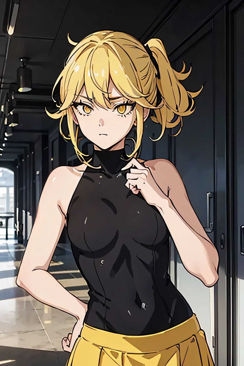 18 year old woman, petite body, yellow hair with red bleaching, right eyeball red, left eyeball blue, wearing women's yellow battle clothes, wearing a white skirt, cute, strong, facing forward, hd, half body, a Anti-Hero