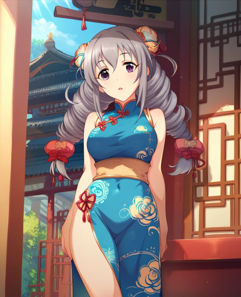 Glass Wonder\(umamusume\), highest quality、masterpiece、Ultra-high resolution、Anime 2D Rendering, Realistic young anime woman, (Character Focus、breast focus)、  Beautiful body, Beautiful feet, White beautiful skin、 ((Blue Chinese Dress:1.4)、(garter belt、Black knee-high stockings)、(Black high heels))、 smile、Cowboy Shot
