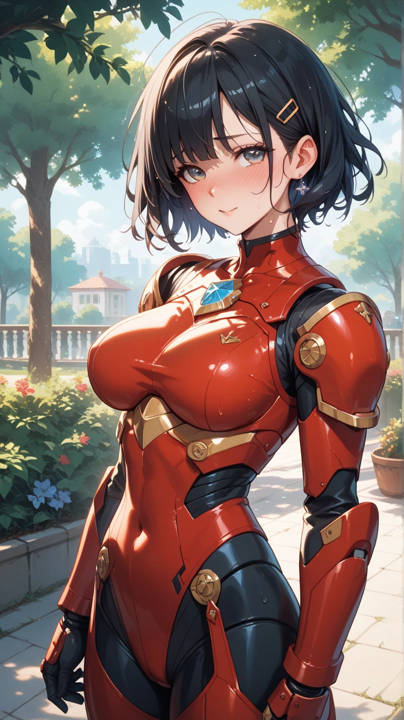 masterpiece, best quality, highres, aafern, long hair, purple hair, blunt bangs, purple eyes, large breasts, <lora:fern_(sousou_no_frieren)_v1:0.7>, iron man, bodysuit, ruins, outdoors,
