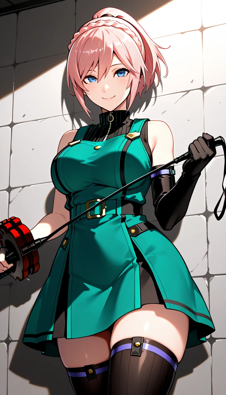 (masterpiece, best quality), intricate details, 1girl, Cammy White from Street Fighter (standing full body toe to head by wooden pole:1.2) iron collar, arms behind back, iron cuffs, shackles, bound, bondage outfit, harness, o-ring, bondage outfit blindfolded cover eyes, happy red cheeks, chain leash collar choker neck bell shackles wristbands bracers bracelets, cleave gag, leather bunny mask