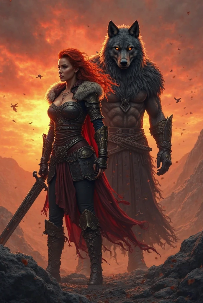 A handsome barbarian, beardless with shield and hammer and a red haired catwoman next to him